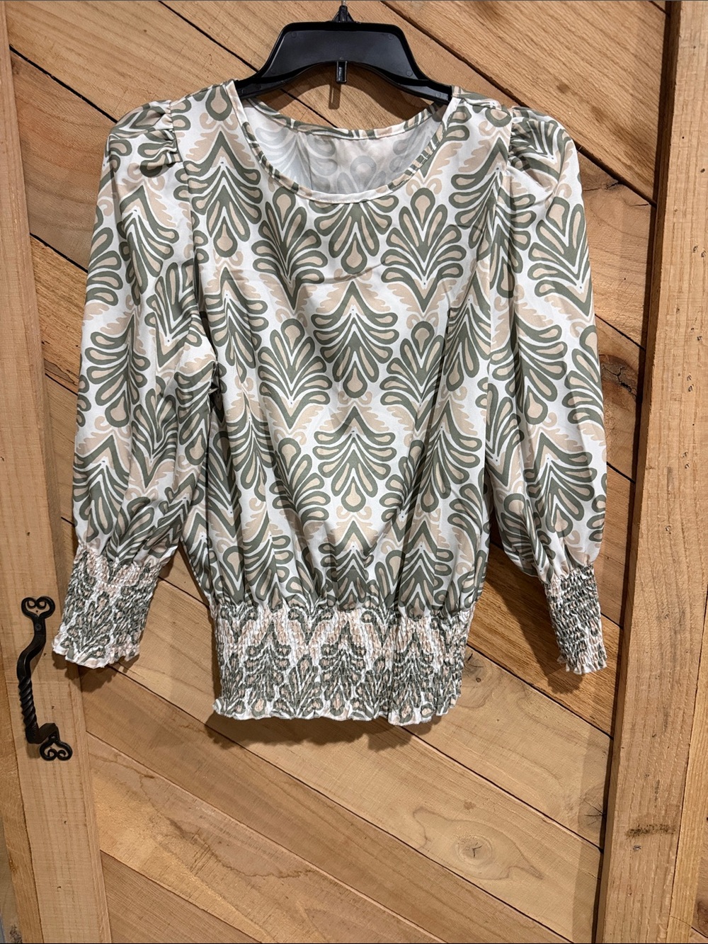 Womens Green & Cream Patterned Smocked Waist Blouse